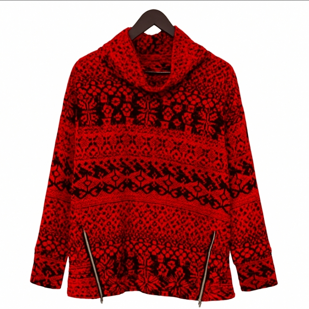 IZOD Red And Black Nordic Print Geometric Pattern Cowl Neck Knit Sweater Sz Lg